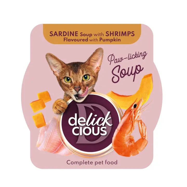 DELICKCIOUS - Sopa de Sardina con gambas y calabaza.  Alimento completo para gatos adultos. PACK 6 unds de 80g o 12 unds de 80 g - 1