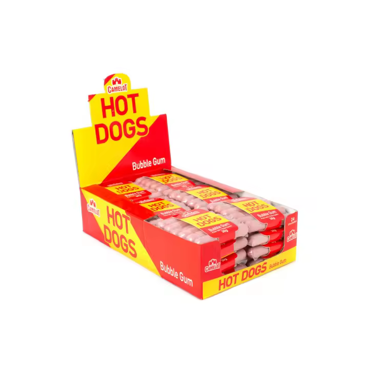 HOT DOGS BUBBLE GUM - ENVASE 24 UNIDADES CHICLE MARCA CAMELOT - 1