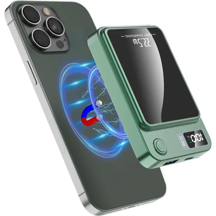 Banco de Energía magnético, Cargador portátil de 10000 mAh, paquete de badería with Pantalla LED type C para iPhone 14/15/13/12 Series (GREEN) - 1