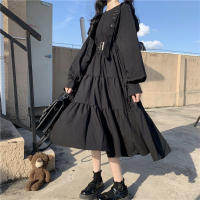 Vestido Midi Negro Harajuku Japonés Para Mujer Estilo Gótico Con Aros Y Volantes Vestido Bandage Ajustable Vintage Traje De Cosplay De Manga Larga Y Corte Ancho - details 4