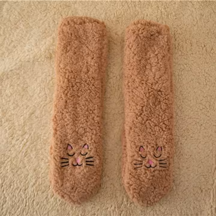 Calcetines De Plush Gruesos Y Cálidos Para Otoño E Invierno Calcetines De Gato Lindo Medio Calcetines Para Dormir En Casa Cómodos Y Suaves Para Mujer - 1