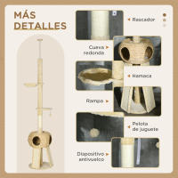 PawHut Árbol para Gatos de Suelo a Techo de 225-255 cm Torre para Gatos Altura Ajustable con Cueva Plataformas Hamaca Postes Rascadores Rampas y Bolas Colgantes Ø48x225-255 cm Beige - details 5