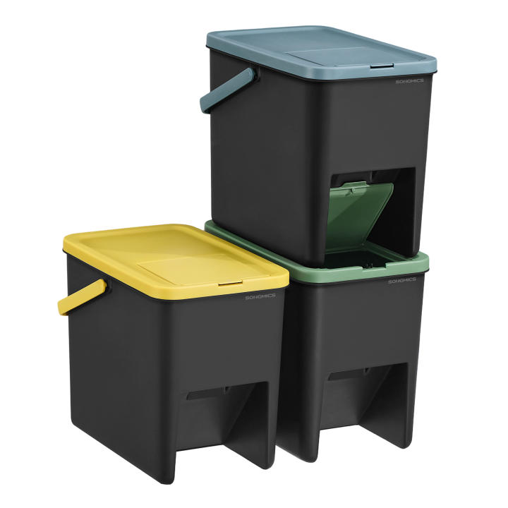 SONGMICS Cubo de Basura, Juego de 3 Cubos Apilables, Papeleras, 20 L Cada, Sistema de Separación Residuos, Tapas Apertura a Presión, Pegatinas, Almacenaje, Amarillo, Azul y Verde