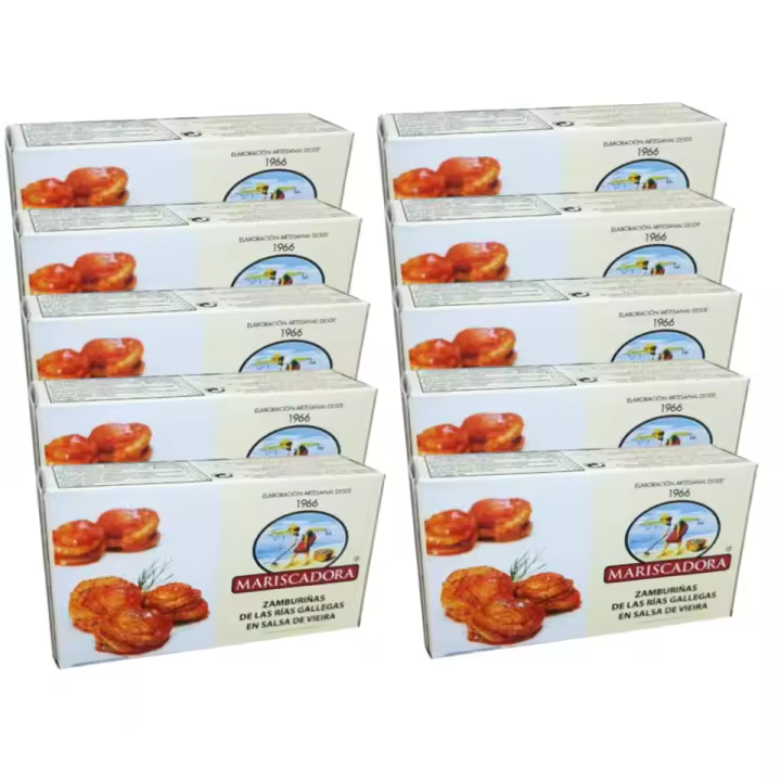 10 LATAS DE ZAMBURIÑAS EN SALSA DE VIEIRA 120G 18/20P MARISCADORA, SABOR Y CALIDAD - 1