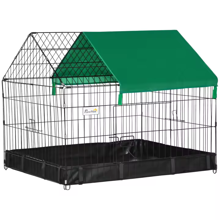 PawHut Jaula para Animales Pequeños Parque para Mascotas con 2 Puertas Toldo y Base con Tela Oxford Impermeable para Interior y Exterior 90x75x75 cm Negro y Verde - 1