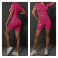 SSITO Nuevo conjunto de Pantalones cortos de manga cortos de Yoga de color sólido de melalgodón sin costura para correr, deportes y Fitness conjunto de Dos piezas - details 17