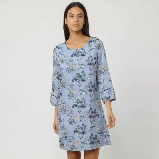 La Morena Vestido Estampado Manga Larga Corte Recto Azul Jeans - 1