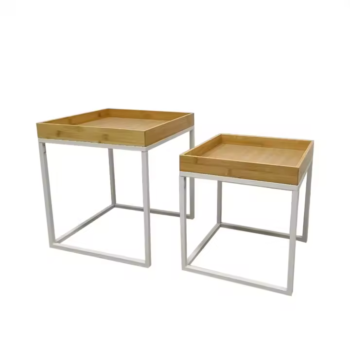 LIN HOME XZ-22166 Set 2 Mesas de Centro para Salón Cuadrada de Bambú y Metal - 1