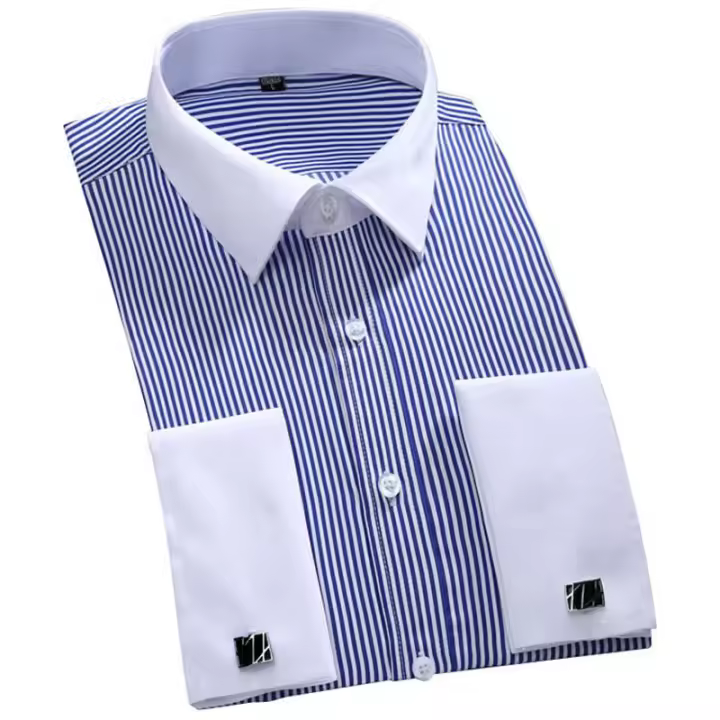 Camisa Larga De Cuello Alto Para Hombre Con Mangas Largas Y Faldones Franceses Para Primavera Otoño Negocios Sociales Banquetes Color Sólido Rayas Cómodo 6XL - 1