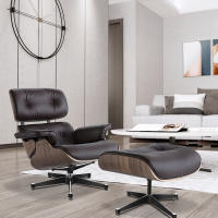 EU Stock TY304 Classic Recliner Light Walnut Armchair With Dark Brown Cowhide Black Big Head Foot 360° Swivel Lounge Chair Furniture Genuine Leather Recliner Chair Modern Lounge Chair with Ottoman for Home Living Room Office (Brown) - details 8