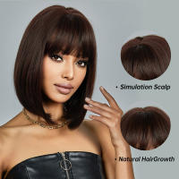 Pelucas Sintéticas Cortas Rectas Para Mujeres Negras Color Marrón Oscuro Con Franja Cosplay Natural Peluca Resistente Al Calor Para Uso Diario - details 0