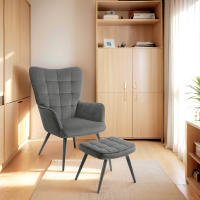 Sellón orejero con taburete Sillón reclinable tapizado Terciopelo Sala de estar Peso hasta 120 kg Gris Oscuro - details 0
