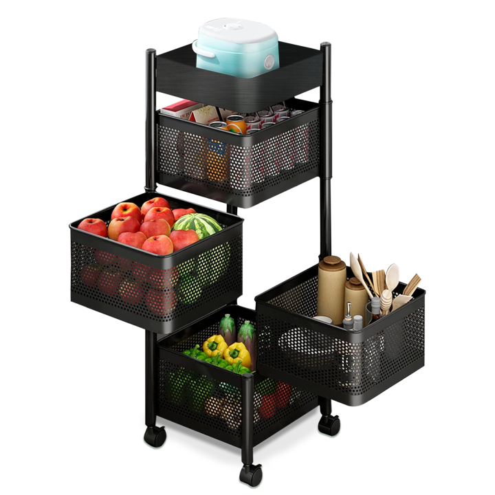 RELAXTY Carrito Auxiliar con Ruedas - Cesta de Almacenamiento Ahorra Espacio 4 Niveles - Carrito Cocina Giratorio - Estante Cocina, Baño, Estante para Frutas, Verduras, Utensilios - Metalico