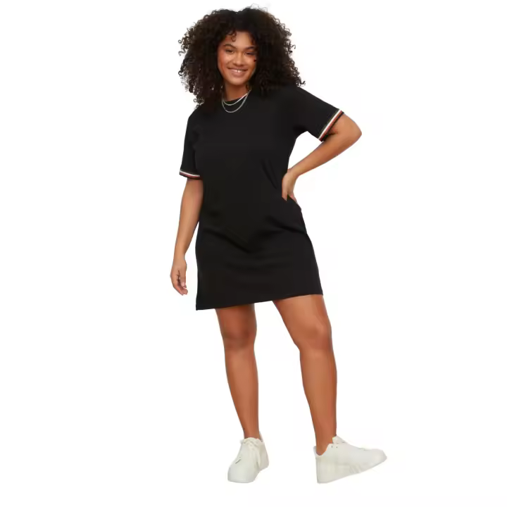Trendyol Black Crew Neck 100% Cotton Sleeves With Piping Detail Knitting Plus Size T-Shirt Dress Tbbss22El1591 - 1