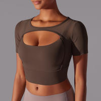 Camiseta de manga corta para Yoga, Top Sexy de Doble Capa, ropa de Malla empalmada, Sujetador Deportivo para correr y Fitness, Color sólido, Mujer - details 10