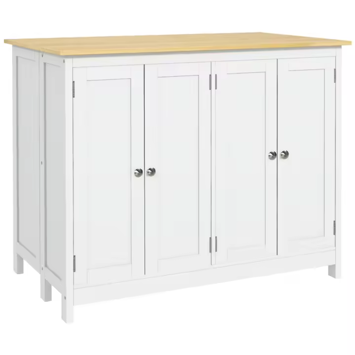 HOMCOM isla de cocina central con 2 taburetes, juego de mesa y taburete de bar, con 2 armarios, almacenaje y encimera abatible, 4 puertas, diseño moderno, blanco - 1
