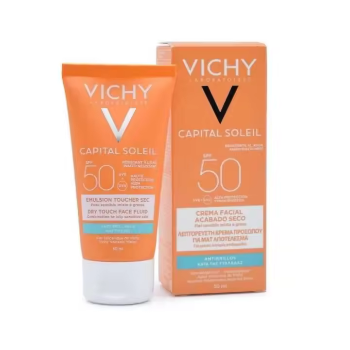 Capital Soleil Crema Rostro Tacto Seco SPF 50+ Crema de protección solar matificante de tacto seco de larga duración. 50 ml, Vichy. - 1