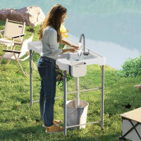 Outsunny Mesa para Limpiar Pescado Portátil Mesa Plegable para Camping con 2 Fregaderos Manguera de Drenaje Estación de Limpieza y Grifo para Pesca Barbacoa Blanco - details 1