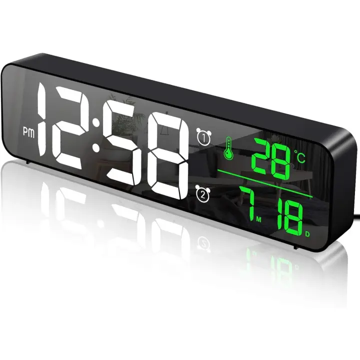 Reloj despertador digital, reloj de pared con espejo digital LED, pantalla grande, temperatura, fecha, 2 alarmas, 40 tipos de música, 6 niveles de brillo regulables, reloj USB para el hogar y la oficina, color negro - 1