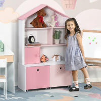 HOMCOM Estantería de Madera Infantil Librería para Niños con 4 Compartimentos 1 Puerta y 2 Cajones Extraíbles con Ruedas para Libros Juguetes 80x34x130 cm Rosa y Blanco - details 1