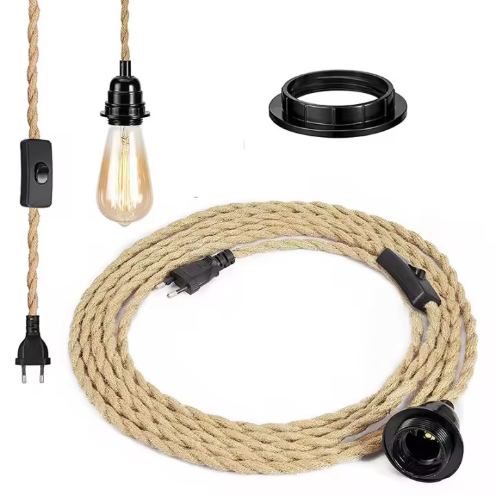 Lámpara colgante de techo de 4,5 m, portalámparas E27, kit de suspensión con cable enchufable, luces colgantes de cuerda de cáñamo con interruptor de encendido y apagado, enchufe europeo - 1