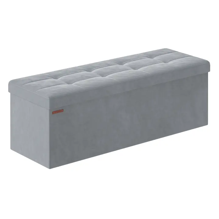SONGMICS Puff Almacenaje, Banco Almacenaje Terciopelo Plegable, Divisor Extraíble, 2 Cajas Almacenaje, 38 x 110 x 38 cm, Carga 300 kg, para Entrada, Sala de Estar, Dormitorio, Blanco Crema/Gris Paloma/Negro Tinta/Rosa Caramelo/Gris Pizarra - 1