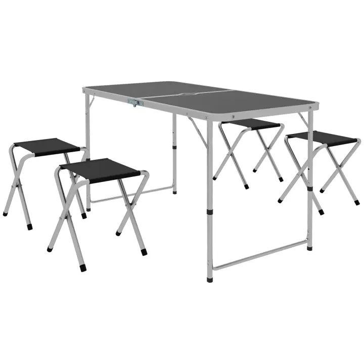 Outsunny Conjunto de Camping de 5 Piezas Mesa para Camping Plegable con Sillas Incluye 1 Mesa Ajuatsble en Altura con Orificio para Sombrilla 120x60x55-70 cm y 4 Taburetes Plegables Negro - 1