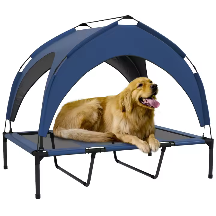 PawHut Cama elevada para perros con dosel, cama para mascotas, tumbona para exteriores con techo, transpirable, para perros grandes Oxford azul oscuro 106 x 76 x 94 cm - 1