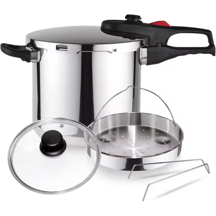 Practika Plus - Pack Exclusivo Olla Express Rápida 7.5L + Cestillo + Tapa de Cristal, Acero Inoxidable 18/10, Sensor de Presión, Inducción - 1