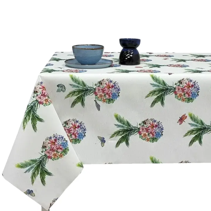 Mantel antimancha digital, Mantel lavable, Impermeable, Tela algodón, Para mesa rectangular, Ideal para hogar, Estilo moderno, Frutas,  Piña de Flores, Fondo blanca marfil,Ancho 137cm, DM126 - 1