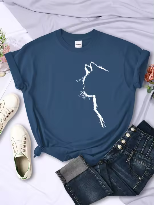 Camiseta De Mujer Simple Y Divertida Con Estampado De Gato Moda Casual Manga Corta Cuello Redondo Personas Callejeras Verano Top - 1