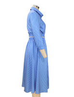 Conjunto De Vestido Elegante Para Mujer BAMBOOBOY Azul Rayado Con Manga Larga Botones Y Shorts Camisa De Cuello En V Y Falda Plisada Cintura Alta Talla MÁS GRANDE Estilo De Calle Moda Verano - details 3