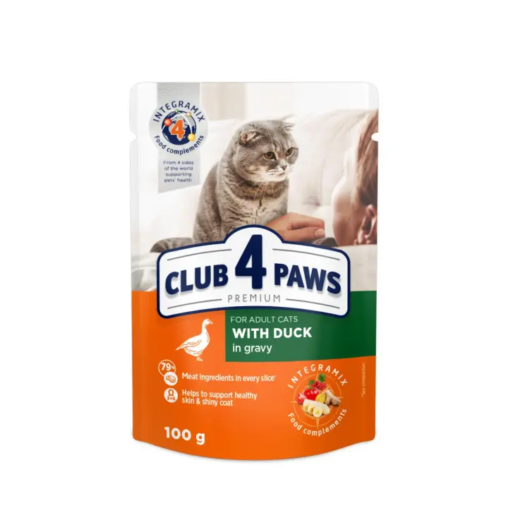 Comida húmeda completa  para gatos adultos CLUB 4 PAWS PREMIUM- Pato en salsa PACK 24*100g - 1