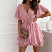 Vestido De Mujer En Chiffon Blanco Para Verano 2024 Cuello V Manga Corta Ajustado Estilo Coreano Vintage Longitud De Pierna Vestido Formal - details 3