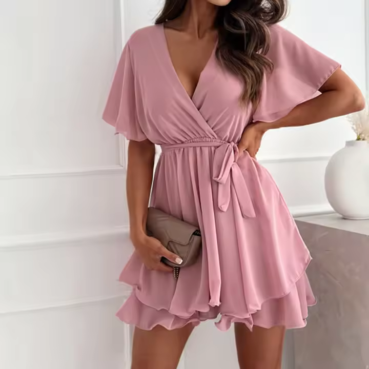 Vestido De Mujer En Chiffon Blanco Verano 2024 Cuello V Manga Corta Ajustado Estilo Coreano Vintage Longitud De Pierna Vestido Formal Para Fiesta - 1