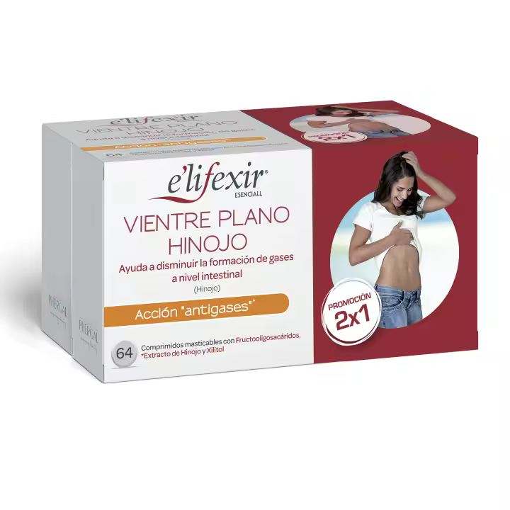 Elifexir Esenciall Vientre Plano Hinojo 64 Comprimidos Masticables con Extracto de Hinojo  Ayuda a Disminuir la Formación de Gases Intestinales  Mejora tránsito intesntinal  32 Cápsulas (Paquete de 2) - 1