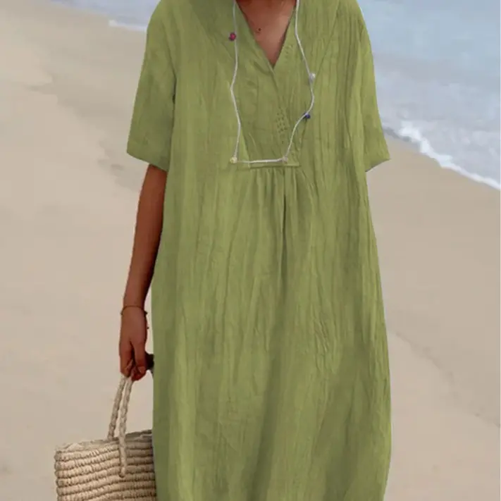 Vestido Midi De Algodón Y Lino Sólido Para Mujer Estilo Casual Verano Manga Corta Cuello En V Vestido De Playa Vacaciones - 1