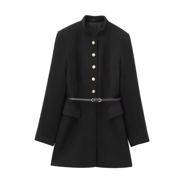 ZBZA Vestido Camisa De Mujer Con Cuello Alto Retro Y Aros En Hombros Cierre Único Slim Fit Solido Casual De Otoño E Invierno - 1