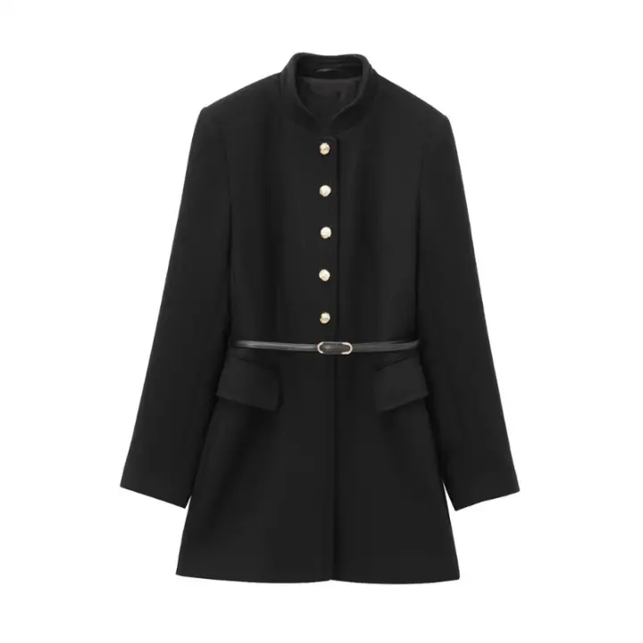 ZBZA Vestido Camisa De Mujer Con Cuello Alto Retro Y Aros En Hombros Cierre Único Slim Fit Solido Casual De Otoño E Invierno - 1