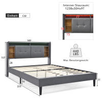 Cama tapizada Cabecero de Cama Doble with Almacén Marco de Cama with USB de carga e iluminación LED Somier de lámparas de Madera, 160*200CM Gris (with colchón) - details 12