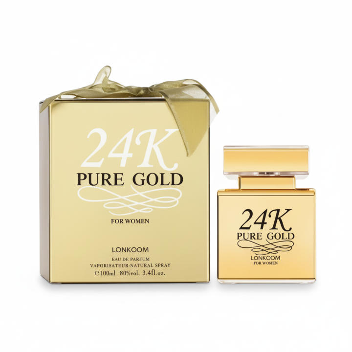 Perfume femenino 24K Pure Gold Lonkoom Eau de Parfum, fragancia elegante y luminosa con un estilo sofisticado y femenino, ideal para el uso diario o ocasiones especiales. Presentado en frasco original con estuche. 🚚 Envíos a España 24/48 horas.
