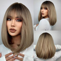 Pelucas Sintéticas De Ombre Negro Marrón Con Flequillo Textura Ondulada Resistente Al Calor Para Fiestas Y Cosplay Peluca Médium Para Mujeres Afro - details 13