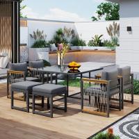 Juego de Mesa y sillas de exterior de 7 piezas, para 6 personas, Mesa de Cristal Templado, tablero de Madera de Acacia con reposabrazos, ideal para ir en el patio o El Jardín - details 1