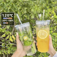 Vaso De Vidrio Con Tapa Y Pajita 600ml Estampado En Línea Para Bebidas Transparente Para Leche Té Jugo Agua Fría Y Café Mug De Barra Vajilla De Bebida - details 1