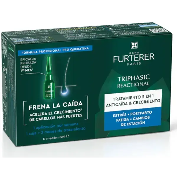 Rene Furterer NUEVO TRIPHASIC REACCIONAL 12 ampollas - 2 en 1 - anticaida y crecimiento - 3 MESES DE TRATAMIENTO - 1