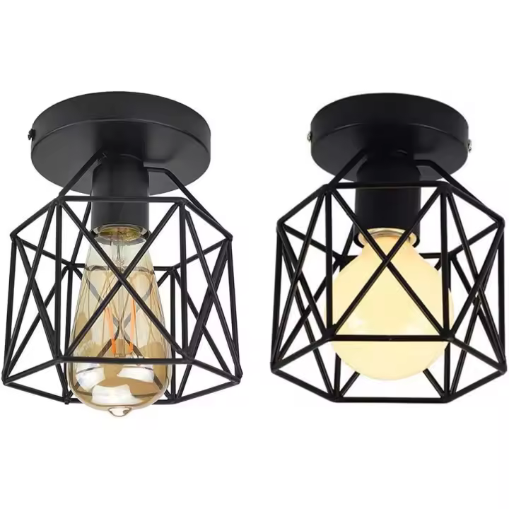 Lámpara de techo de metal industrial retro con forma de cubo y jaula de hierro cuadrada, E27, para sala de estar, dormitorio, cafetería, bar, restaurante, entrada, pasillo (paquete de 2, color negro) - 1