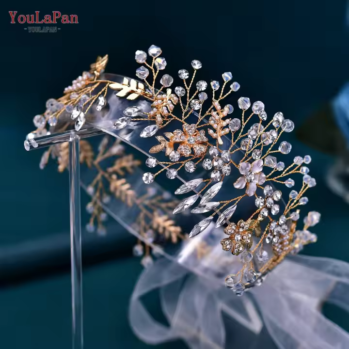 YouLaPan Diadema De Boda Para Mujer Aleación De Hojas Doradas Accesorios De Cabello De Novia Adorno De Fiesta Hecho a Mano Tiara De Plata Decoración De 40*7.5CM - 1