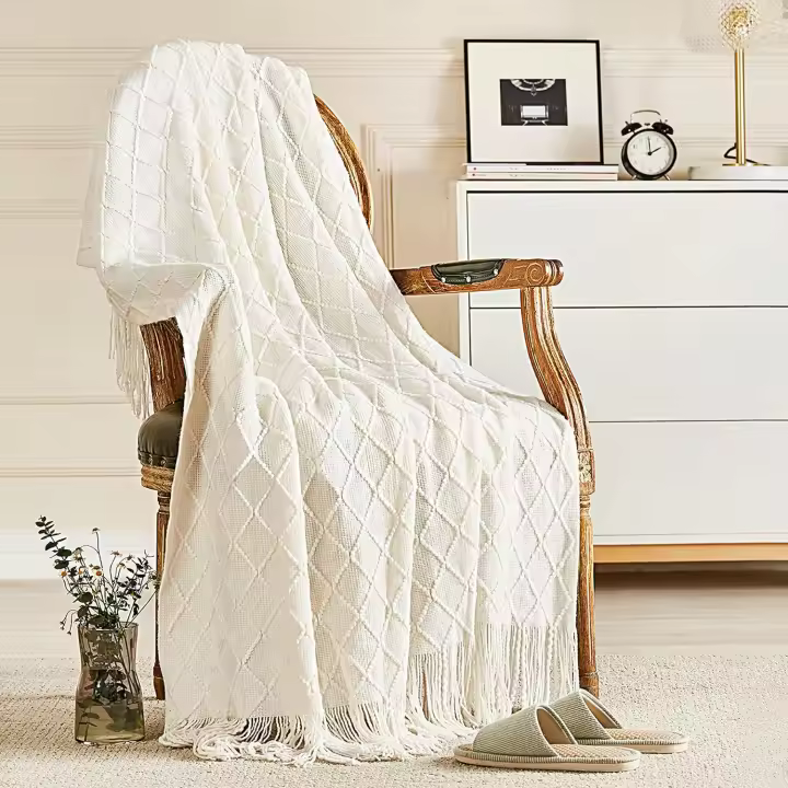 Mantas De Punto para Sofá Y Cama, Manta De Punto Suave Y Acogedora con Borla, Mantas Y Mantas Decorativas Ligeras De Color Blanco Roto,130 * 230 CM - 1