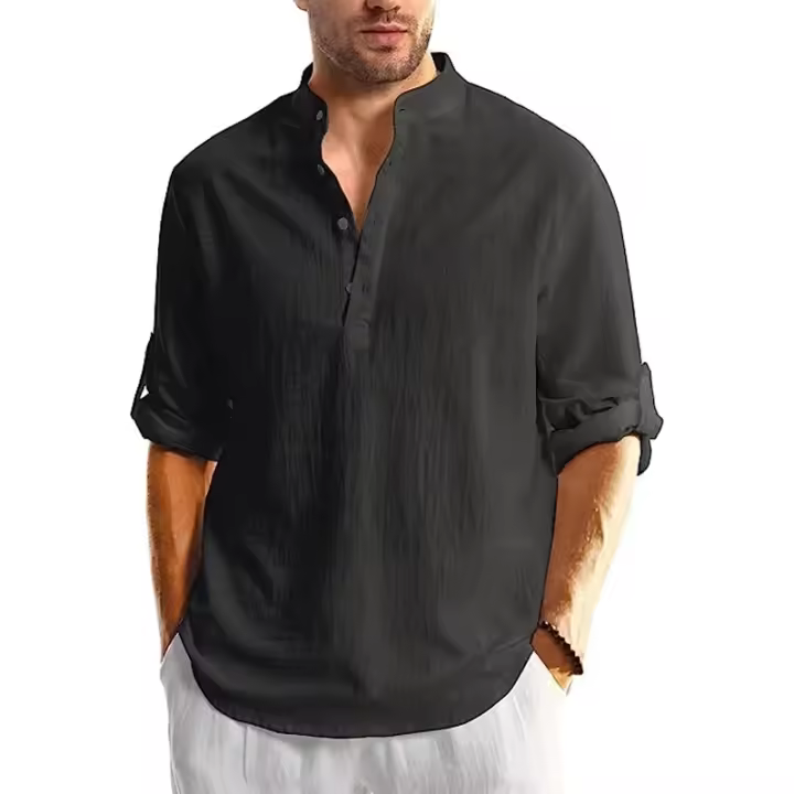 Camisa Henley De Manga Larga Para Hombre Algodón Ligera Transpirable Estilo Callejero Color Sólido Polo Botones Negocios - 1