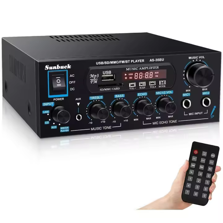 Sunbuck Mini Amplificador HiFi Audio Bluetooth, 110V Receptor Amplificador Estéreo Doméstico de 200 W de Potencia, para Uso en Estudios de Entretenimiento en Teatro, con USB, Radio FM, Control Remoto - 1